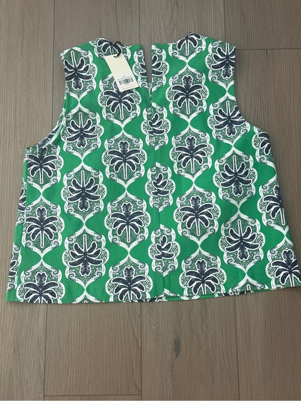 Green Printed Sleeveless Tank Top with Navy Motif